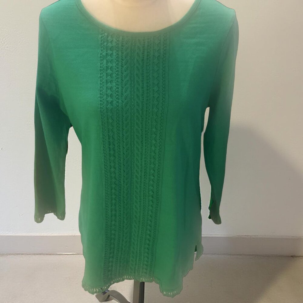 Charter Club Womens Size Small Emerald Teal Knit Top 3/4 Sleeve Crochet New